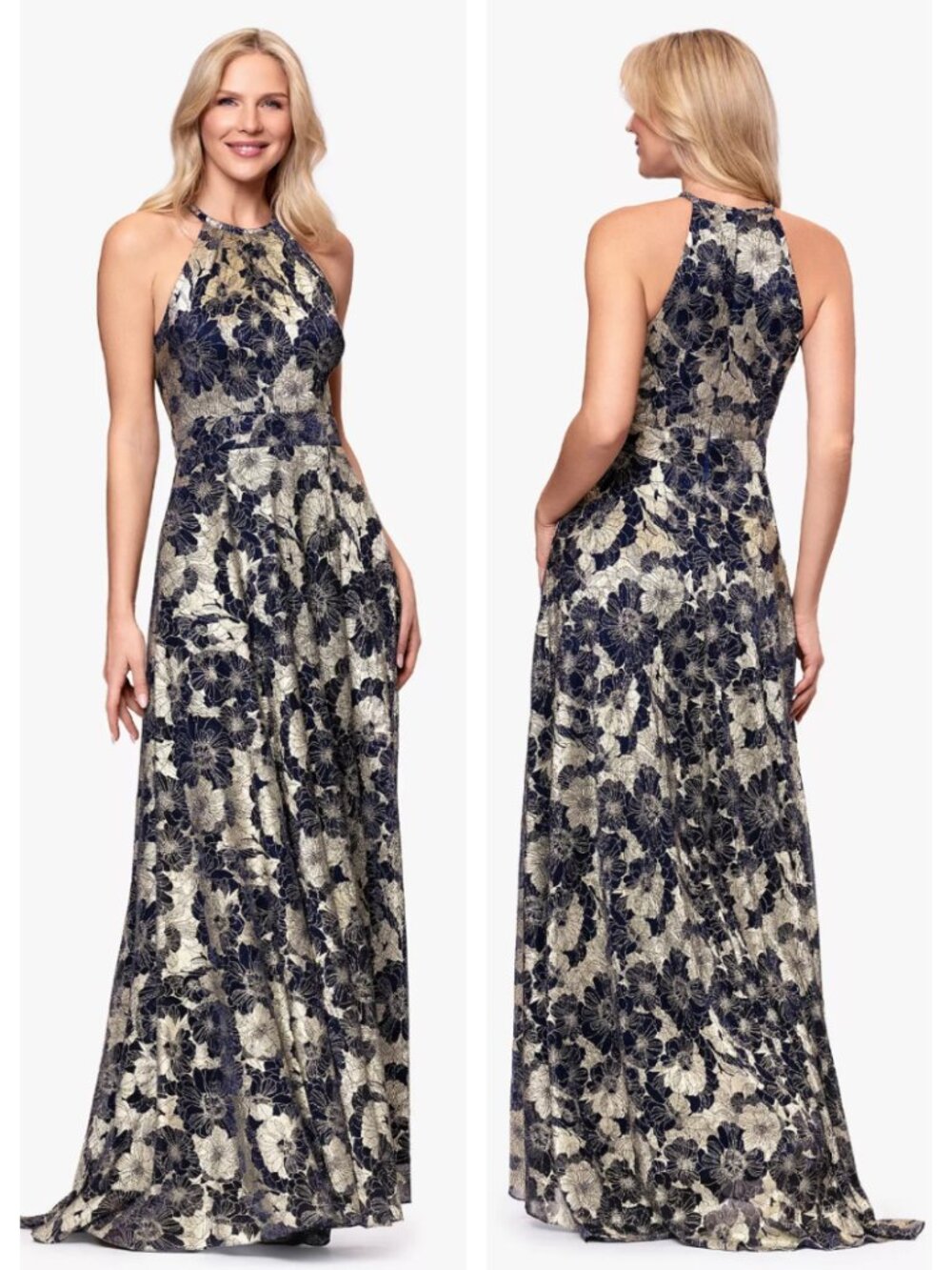 Betsy & Adam Halter Neck Wrap Foil Gown Maxi Dress size 14, Navy/Gold, crinkle